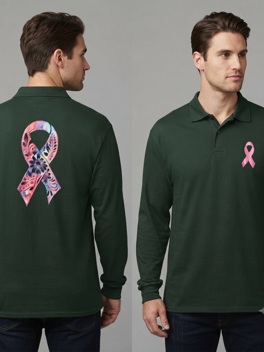 Dark Green Long Sleeve Polo with Breast Cancer   Ribbon